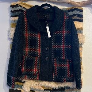 COCO + CARMEN Blazer Jacket Tartan Plaid Tweed Wool Blend V-Neck Buttoned L/XL